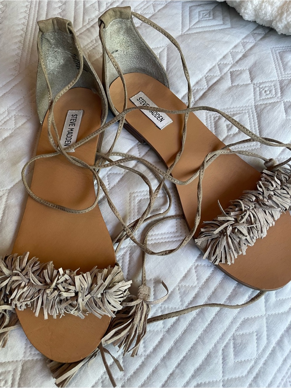 Steve Madden Taupe Fringe Lace-Up Flat Sandals